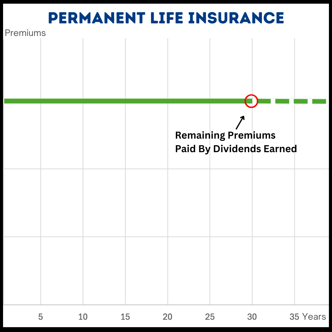 Graph showing the premium stability of a Permanent Life Insurance policy over 35 years, with dividends covering premiums after a certain point.