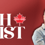 Thumbnail for “The Eh List” Canadian podcast featuring a host in a light blue shirt with a red maple leaf logo and audio waveform, discussing leadership, entrepreneurship, and Canadian business insights.