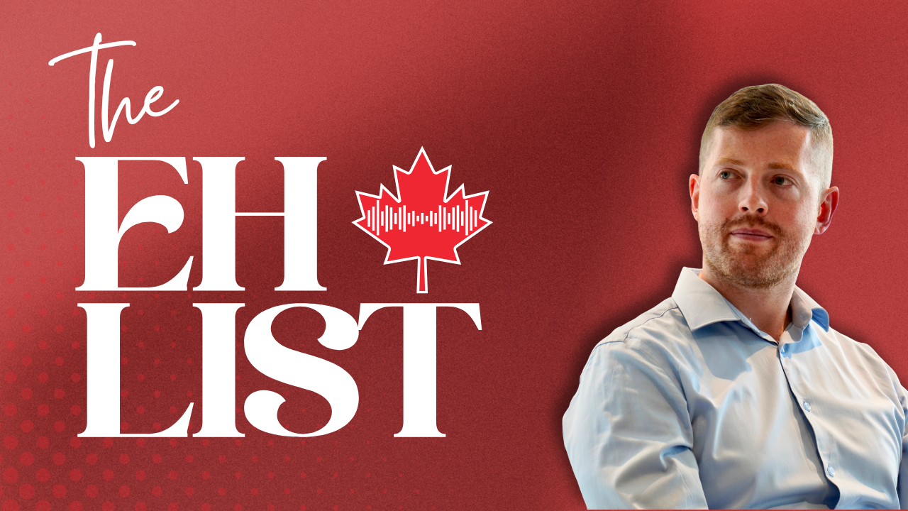 Thumbnail for “The Eh List” Canadian podcast featuring a host in a light blue shirt with a red maple leaf logo and audio waveform, discussing leadership, entrepreneurship, and Canadian business insights.